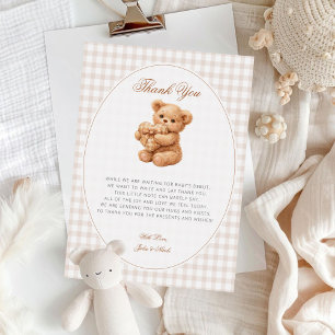 Invitation Petite Fête de Naissance Ourson Marron Gingham