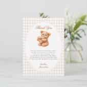 Invitation Petite Fête de Naissance Ourson Marron Gingham (Debout devant)