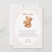 Invitation Petite Fête de Naissance Ourson Marron Gingham (Devant)