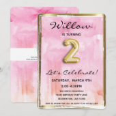 Invitation Petite fille 2e anniversaire rose et or (Devant / Derrière)