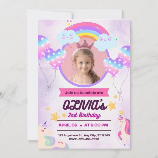 Invitation Petite Fille Anniversaire Unicorn Party (Devant)