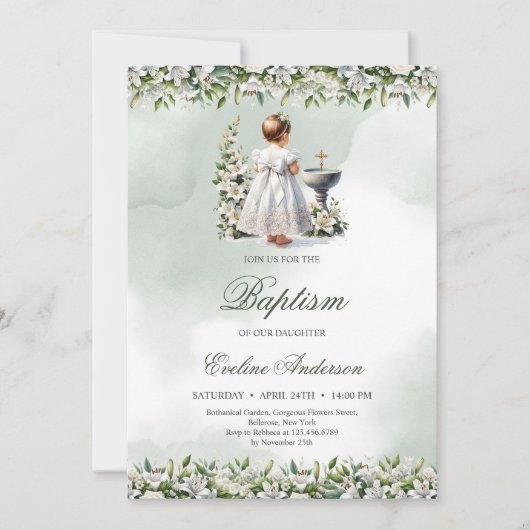 Invitation Petite fille avec robe blanche croix d'or Baptême (Devant)