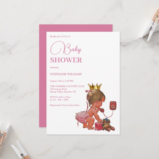 Invitation Petite Fille Avec Un Baby shower De Couronne (Devant/Arrière en situation)