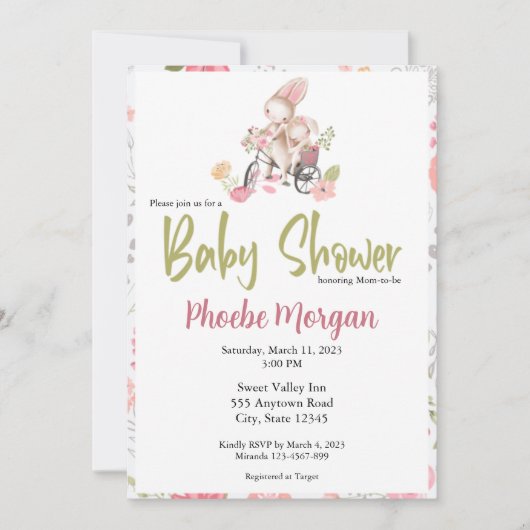 Invitation Petite fille baby shower invitation, Lapin (Devant)