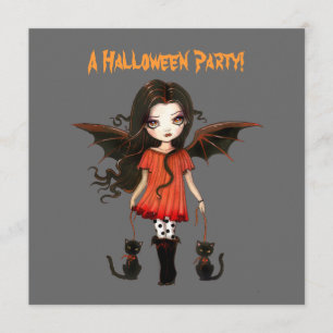 Invitation Petite fille chauve-souris vampire gothique chats 