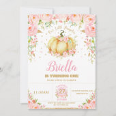 Invitation Petite fille Citrouille 1er anniversaire rose flor (Devant)