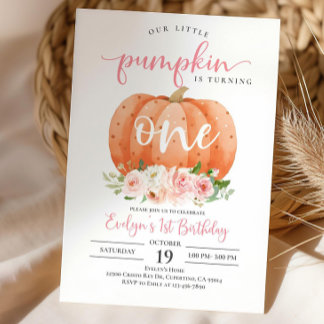 Invitation Petite fille Citrouille Anniversaire Chute rose Fl