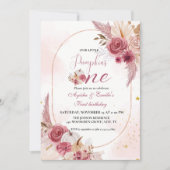 Invitation Petite fille Citrouille jumelle rose 1er anniversa (Devant)