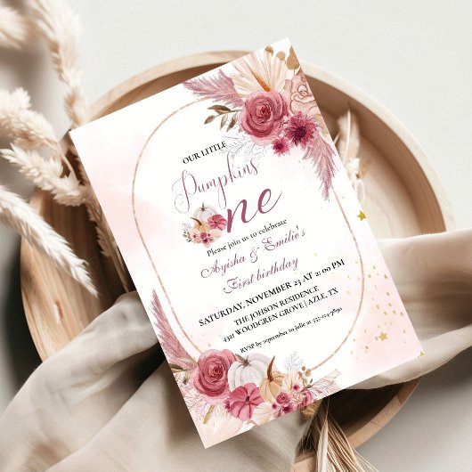 Invitation Petite fille Citrouille jumelle rose 1er anniversa