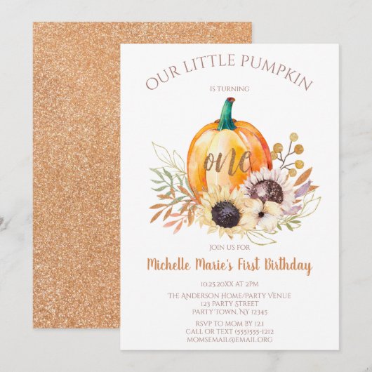 Invitation Petite fille Citrouille premier anniversaire (Devant / Derrière)