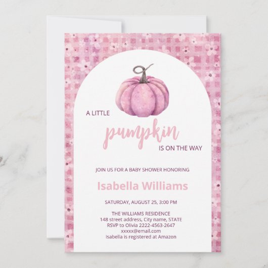 Invitation Petite fille Citrouille rose Baby shower (Devant)