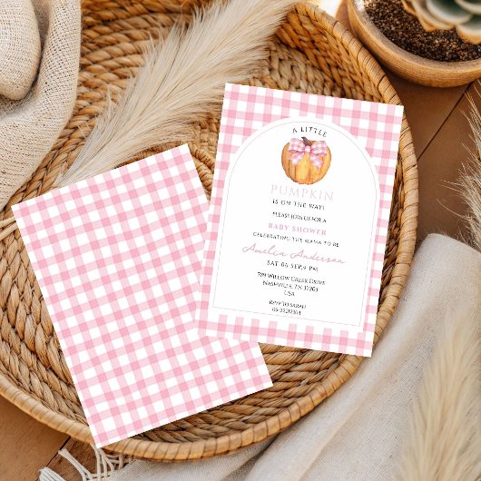 Invitation Petite Fille Citrouille Rose et Blanche Ruban Ging