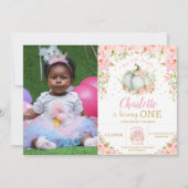 Invitation Petite fille Citrouille rose florale 1er anniversa (Devant)