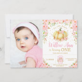 Invitation Petite fille Citrouille rose florale 1er anniversa (Devant)