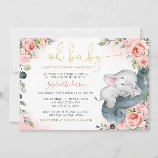 Invitation Petite fille d'arachide douce Baby shower d'élépha (Devant)