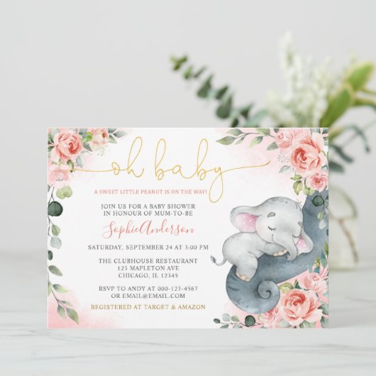 Invitation Petite fille d'arachide douce Baby shower d'élépha (Debout devant)