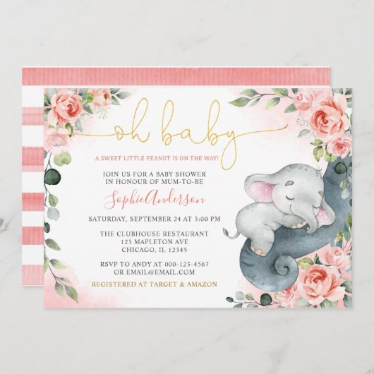 Invitation Petite fille d'arachide douce Baby shower d'élépha (Devant / Derrière)