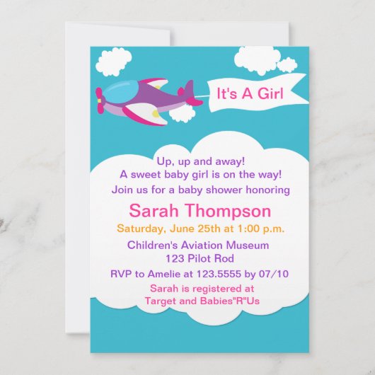 Invitation Petite fille d'avion mignonne Baby shower Invitati (Devant)