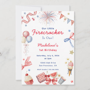 Invitation Petite Fille du 4 Juillet Feu d'Artifice 1er Anniv