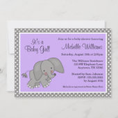 Invitation Petite fille éléphante mauve avec douche pour bébé (Devant)