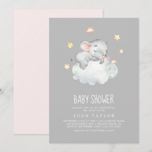 Invitation Petite fille éléphante qui dort   Baby shower gris