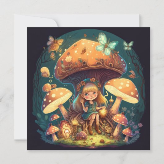 Invitation Petite fille elf parmi les champignons (Devant)