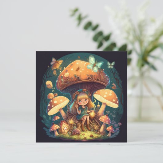 Invitation Petite fille elfe parmi les champignons (Debout devant)