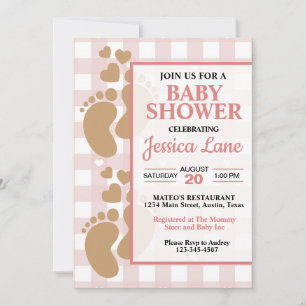 Invitation Petite fille Empreintes bébé avec Coeur Douche