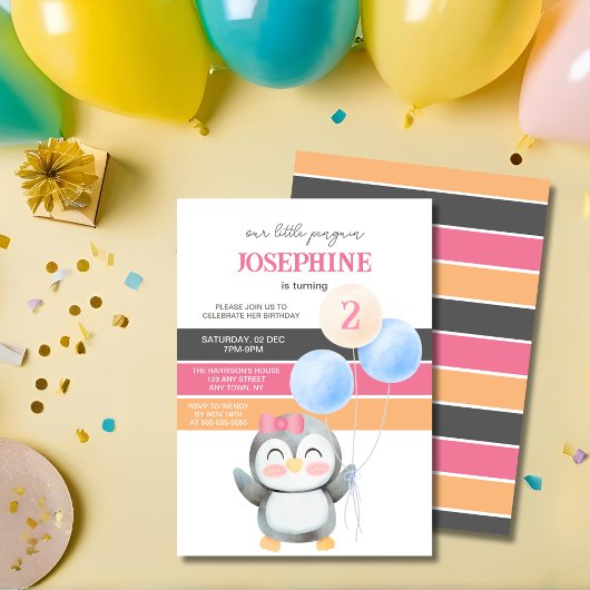 Invitation Petite fille en ballons de pingouin Anniversaire