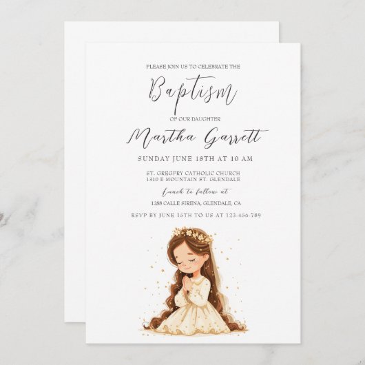 Invitation Petite fille en robe blanche priant fille Baptême (Devant / Derrière)