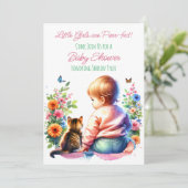 Invitation Petite fille et chaton | Baby shower aquarelle (Debout devant)