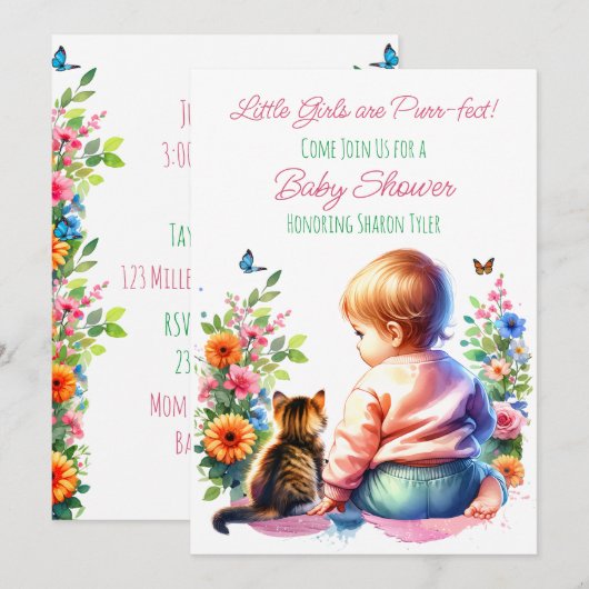 Invitation Petite fille et chaton | Baby shower aquarelle (Devant / Derrière)