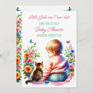 Invitation Petite fille et chaton   Baby shower aquarelle