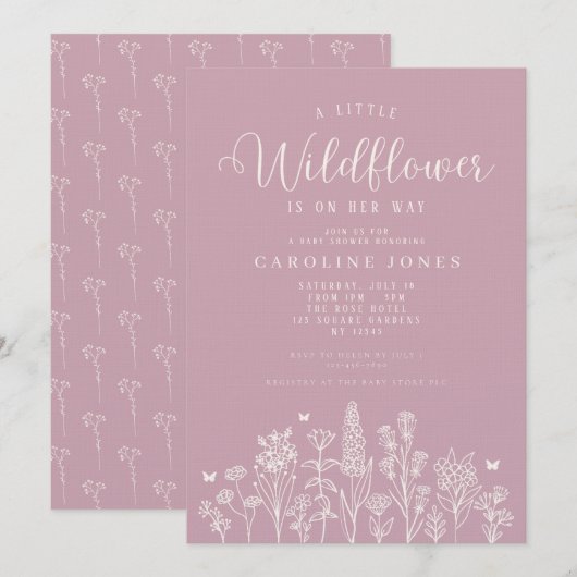 Invitation Petite fille Fleur sauvage Baby shower rose (Devant / Derrière)