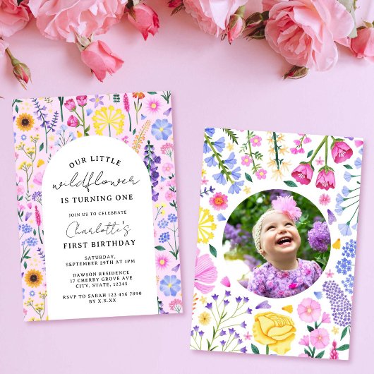 Invitation Petite fille Fleur sauvage Premier anniversaire ph