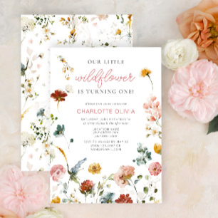 Invitation Petite fille Fleur sauvage rose bébé anniversaire