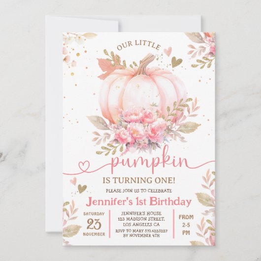Invitation Petite fille florale rose Citrouille automne 1er a (Devant)