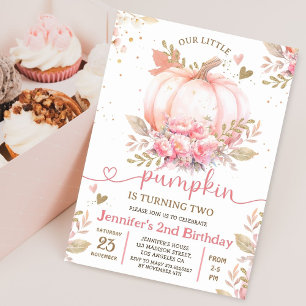 Invitation Petite fille florale rose Citrouille automne 2e an