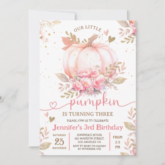 Invitation Petite fille florale rose Citrouille automne 3e an (Devant)