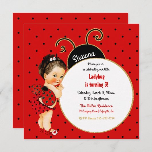 Invitation Petite fille Ladybug fille rouge noir (Devant / Derrière)
