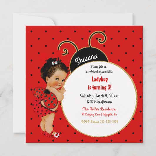 Invitation Petite fille Ladybug rouge noir point (Devant)