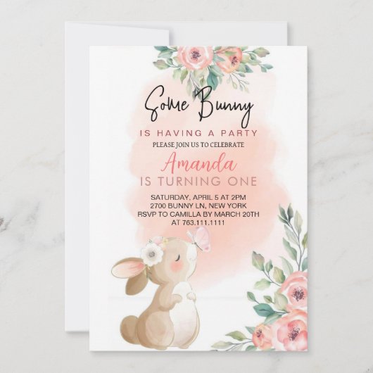 Invitation Petite fille lapin florale Anniversaire (Devant)