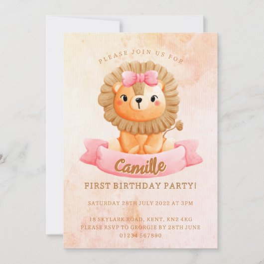 Invitation Petite fille Lion anniversaire (Devant)
