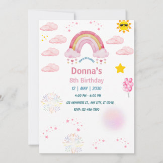 Invitation Petite fille mignonne arc-en-ciel aquarelle rose p