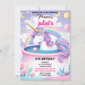 Invitation petite fille mignonne rose pourpre licorne 1er ann (Devant)