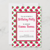 Invitation Petite fille Motif fraise rose vert Anniversaire (Devant)