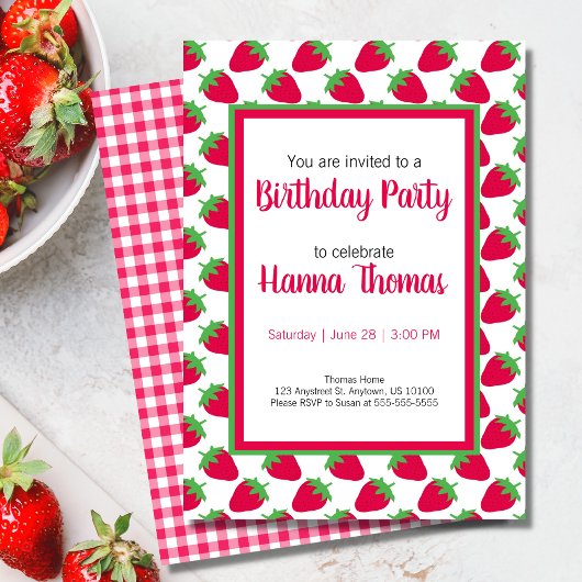 Invitation Petite fille Motif fraise rose vert Anniversaire