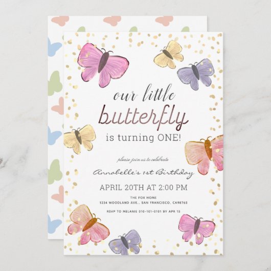 Invitation Petite fille papillon 1er anniversaire (Devant / Derrière)
