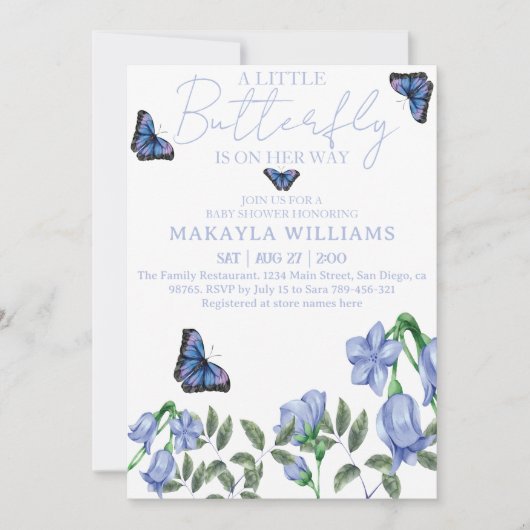 Invitation Petite fille papillon bleu Baby shower floral (Devant)