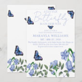 Invitation Petite fille papillon bleu Baby shower floral (Devant / Derrière)